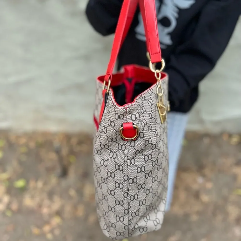 Gray Tote Bag with Red Straps